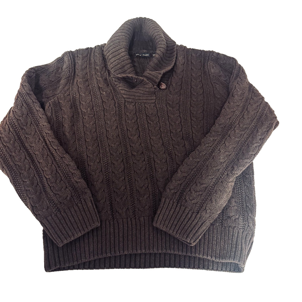 Vintage 90s Jeanne Pierre Brown Cable knit sweater cotton shawl collar womens XL